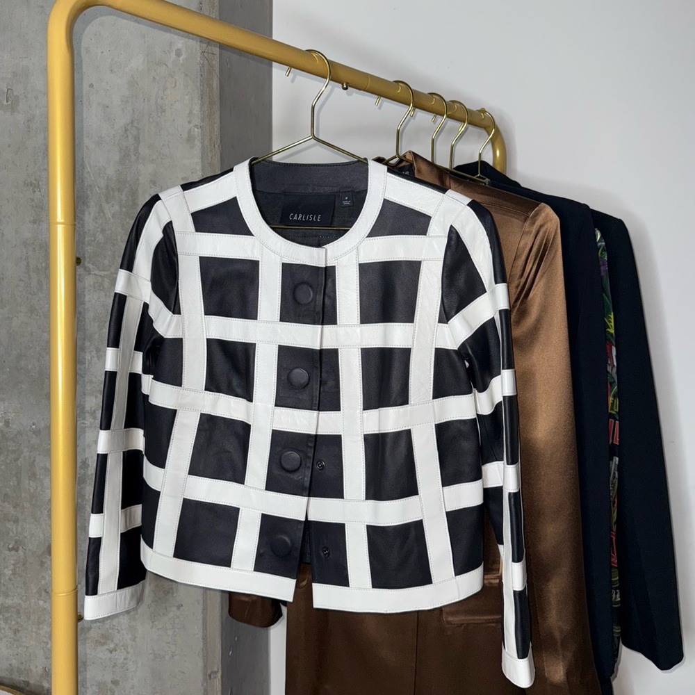 Carlisle Windowpane Print Leather Button Front Black and White Jacket
